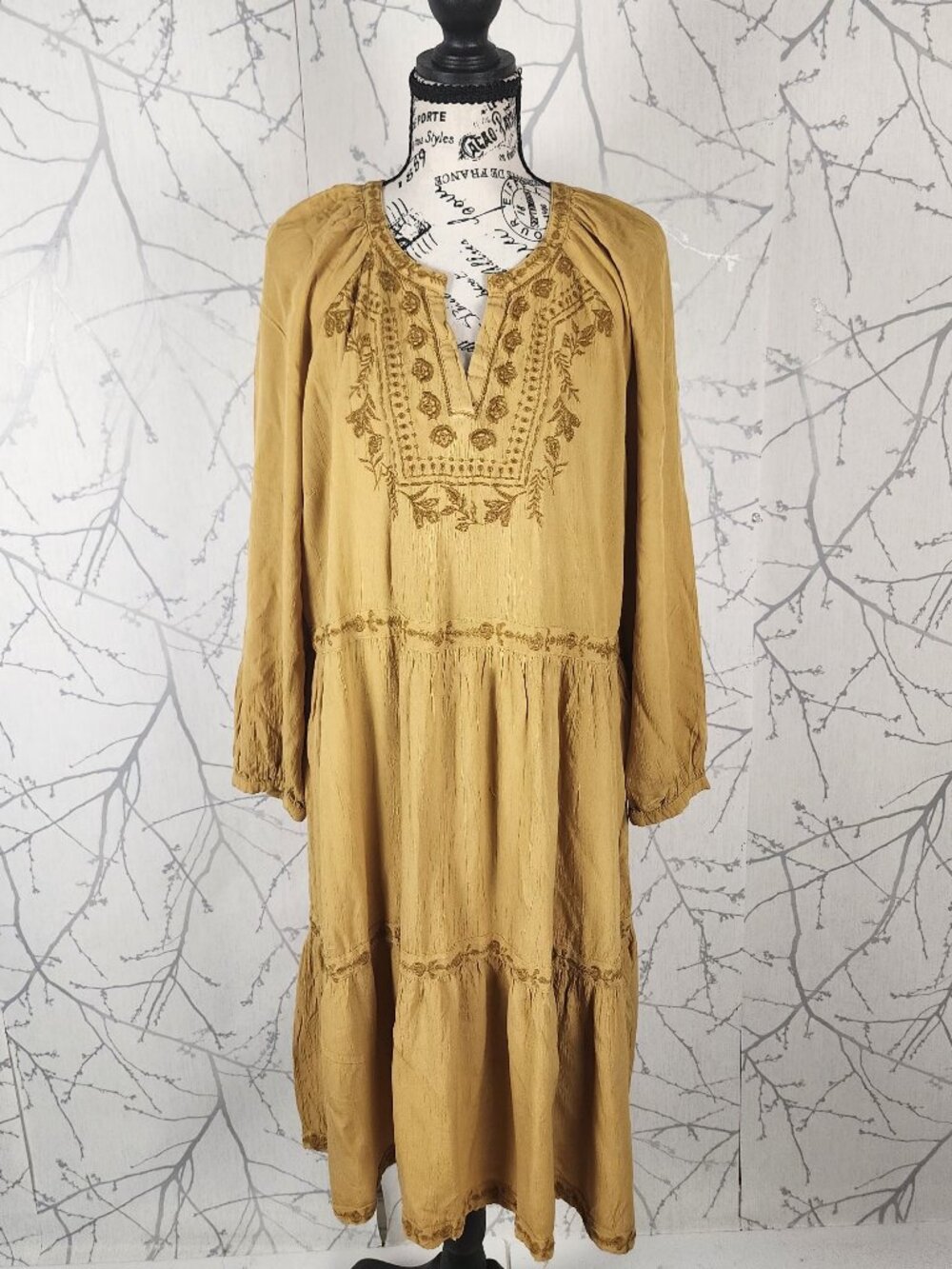 Old Navy Yellow Floral Embroidered Midi Tiered Peasant Dress